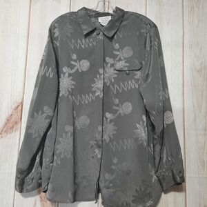 Tess Ladies 2x Gray Floral Button-Up Shirt‎ Long Sleeve Abstract Art Sz NA